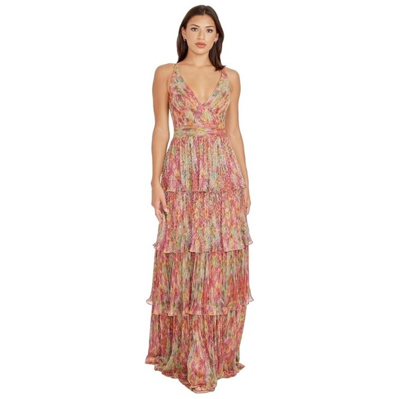 NWT Dress the Population Lorain Abstract Print Metallic Tiered Gown - size XS - Picture 1 of 6